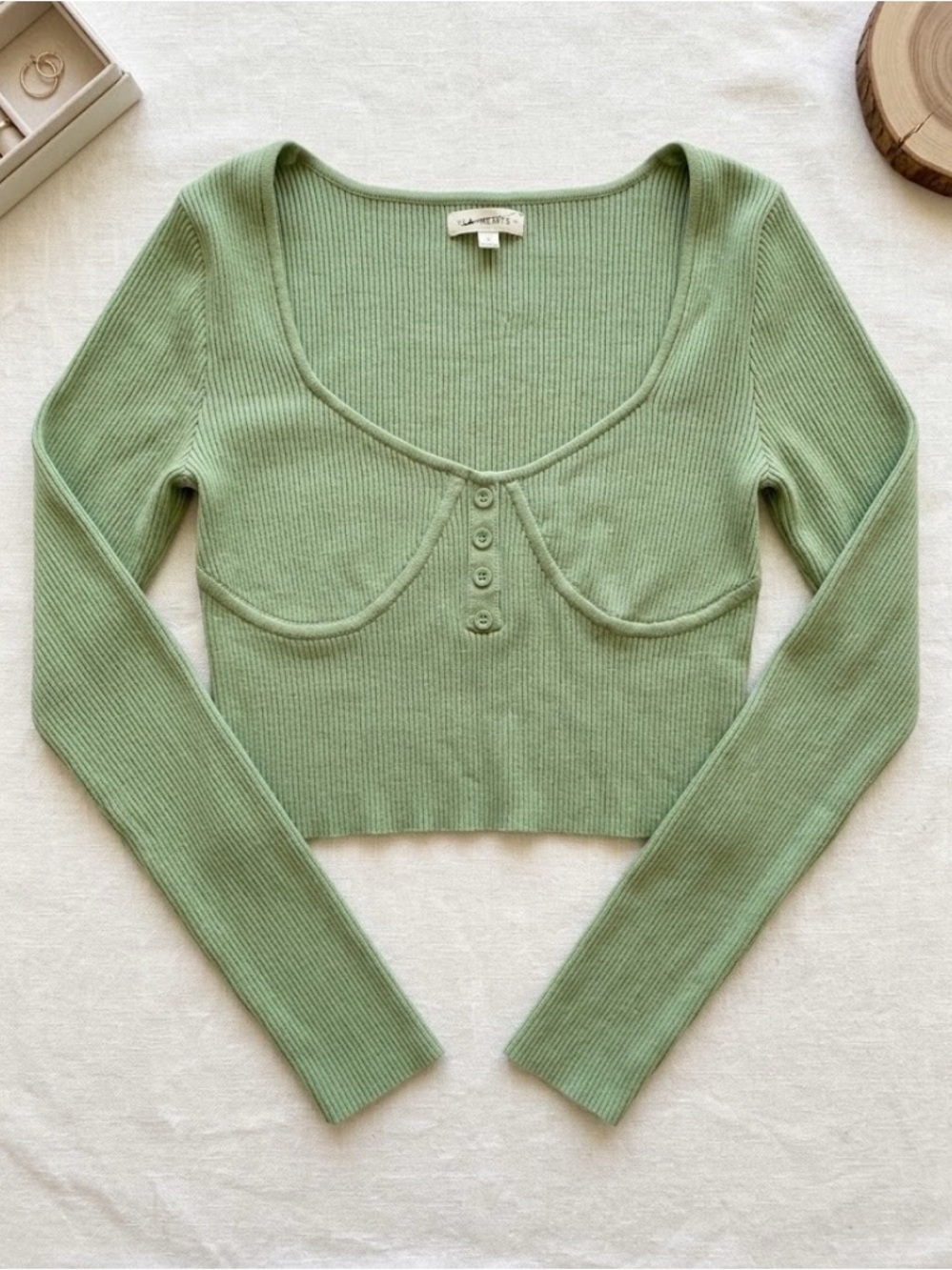 La Hearts Sage Green Ribbed Long-Sleeve Crop Top with Button Front
